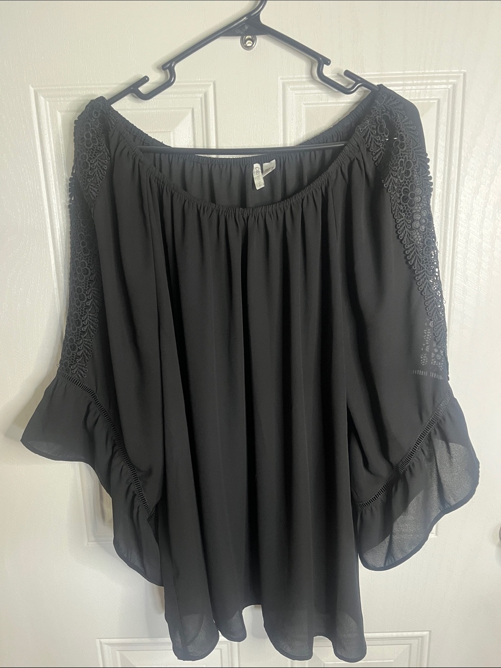 Cato Black Off-Shoulder Blouse with Crochet Sleeve Detail